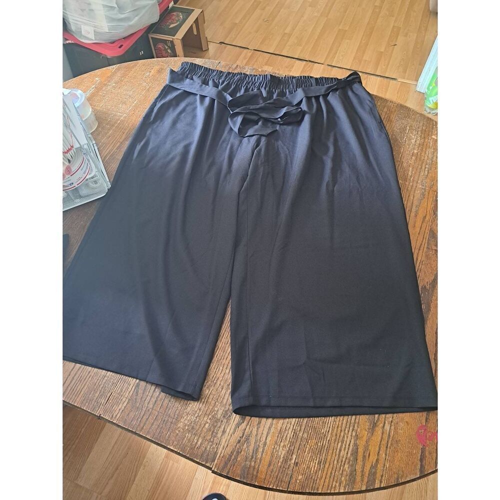 6XL Glitzy Lifestyle Black Elastic Waist Wide Leg Cropped Capri Casual Pants
